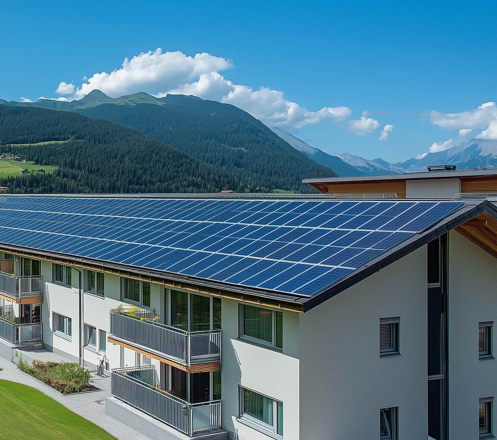 Mehrfamilienhaus mit Photovoltaikanlage auf dem Dach, umgeben von Bergen und einem blauen Himmel.